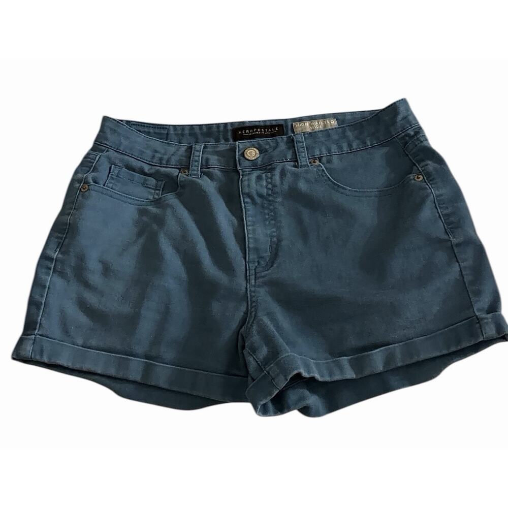 Aéropostale High Waisted Midi Blue Denim Shorts Cuffed Stretch Size 10
